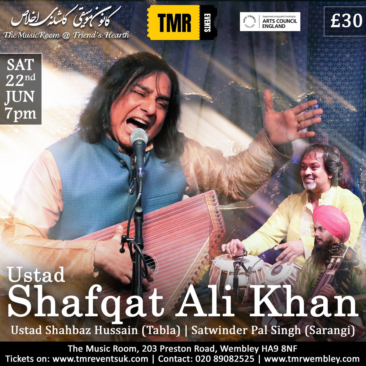 tmreventsuk's tweet photo. Excited for Ustad Shafqat Ali Khan’s show on June 22nd at TMR Events! 🎤✨ He’ll be accompanied by #ShahbazHussainon tabla and #SatwinderPalSingh  on sarangi. Get ready for an unforgettable night of mesmerizing music! Supported by @ace_national 🎶 #ShafqatAliKhan #tmrevents https://t.co/6jIgIgdRGl