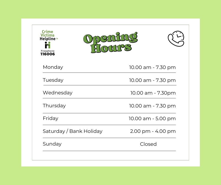 🌟 Reminder! 🌟

The Crime Victims Helpline is extending its hours and is now open from 10 AM to 7.30 PM Monday to Thursday. 📞

We're here to provide a listening ear, information and assistance whenever you need it. Please share this information to reach those who may benefit.