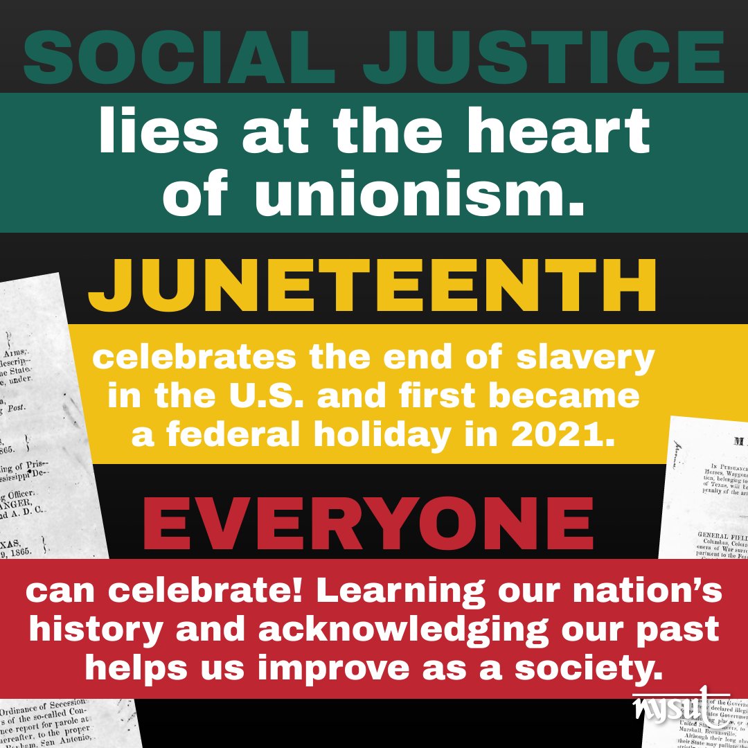 nysut's tweet image. Happy #Juneteenth from NYSUT!

Juneteenth (sometimes celebrated as “Emancipation Day”) is commemorated across the nation with parades, picnics, family gatherings and public celebrations. 

For more resources on African Heritage and Juneteenth, visit: nysut.org/news/2024/june…