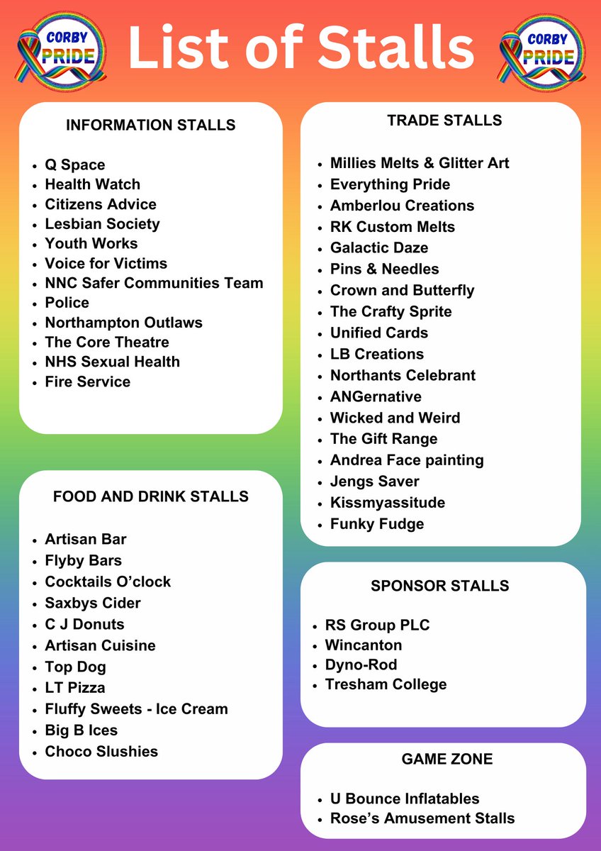 Not only will we have a full line up of afternoons entertainment for you, there is also the chance to have a mooch around and do some retail therapy here at Corby Pride. Here is the full list of stalls that will be trading on Saturday 22nd June from 12am onwards. 😍