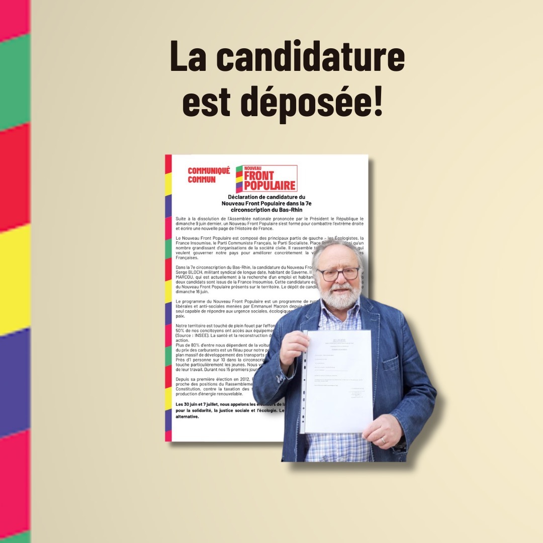 NFP6707's tweet photo. Déclaration de candidature du #nouveaufrontpopulaire dans la 7e circonscription du Bas-Rhin: Suite à la dissolution de l'Assemblée nationale prononcée par le Président le République.
#hochfelden #bouxwiller #drulingen #Hochfelden #marmoutier #lapetitepierre #basrhin https://t.co/B7wUwRx8Dx