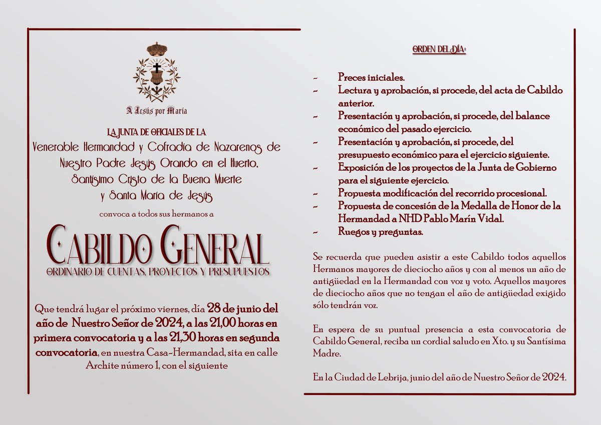OracionLebrija's tweet photo. Convocatoria de Cabildo General Ordinario, para el próximo viernes, 28 de junio de 2024.
#AJesúsPorMaría
#hermanosengetsemaní https://t.co/c8pCeOAHue