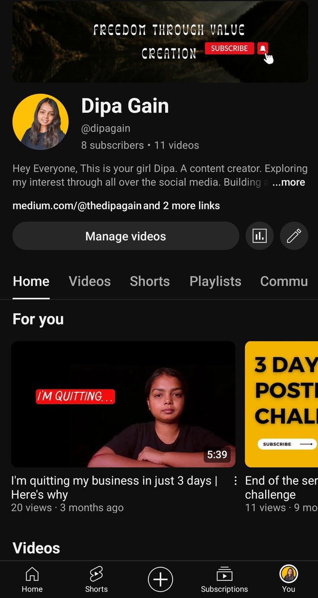 thedipagain's tweet photo. This is my YouTube channel.
I have started this YouTube channel 1 and half years ago.
And it has only 8 subscribers and 11 videos. 
Reason, I stop creating content often, then restart.
And this cycle was continuing until I discovered this... https://t.co/f7RZZfrRfw