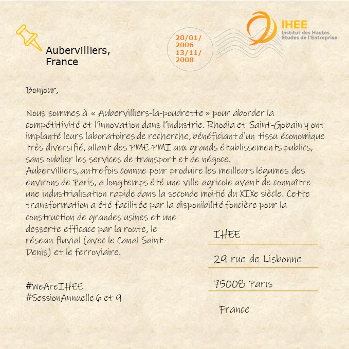 Carte postale n°27: <a href="/aubervilliers93/">Aubervilliers</a> 
Rencontre avec les équipes de Rhodia (Jan 2006) &amp; de <a href="/saintgobain/">Saint-Gobain</a> (Nov 2008) sur la compétitivité &amp; l’innovation dans l’#industrie
➡️Visite des labos R&amp;D, du centre de recherche &amp; échanges sur les sujets RH
#WeAreIHEE
#SessionAnnuelle 6 &amp; 9