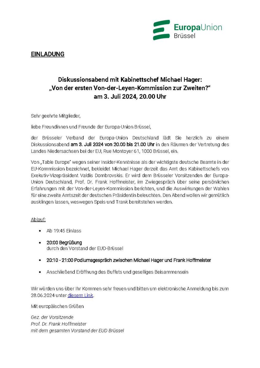 "Von der ersten <a href="/vonderleyen/">Ursula von der Leyen</a>-Kommission zur Zweiten?" 🔜 03 Juli.

Wir laden ein zum Diskussionsabend mit unserem <a href="/EuropaUnionBXL/">Europa-Union Brüssel</a>-Vorsitzenden <a href="/hoffmeister_eu/">Frank Hoffmeister</a> und Michael Hager, Kabinettschef von <a href="/EU_Commission/">European Commission</a>-VP <a href="/VDombrovskis/">Valdis Dombrovskis</a>.

✍️Anmeldung bis 28 Juni 👉 ec.europa.eu/eusurvey/runne…