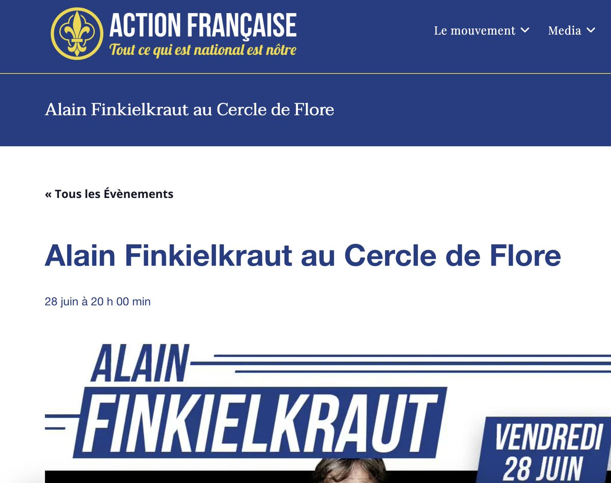 Alain Finkielkraut chez les royalistes de l'Action française, mvt d'extrême droite fondé contre Dreyfus, qui avait dit de Blum: "un homme à fusiller, mais dans le dos", maurrassien et pétainiste.  A 2 jours du 1er tour: pas un égarement mais une faute. Je ne veux pas y croire.