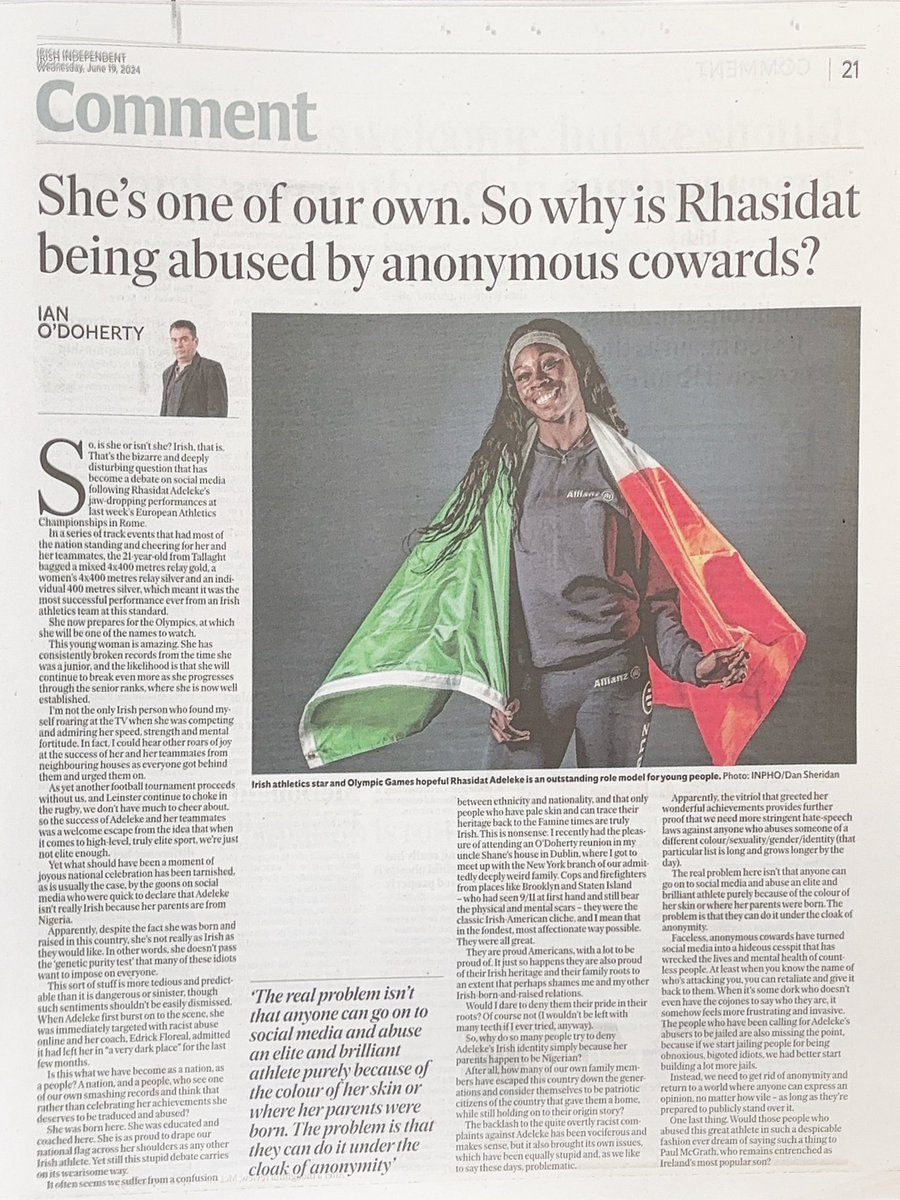 Good piece in todays <a href="/Independent_ie/">Irish Independent</a> The man talks sense. She’s Irish. Leave her alone. Horrible little keyboard cowards. #Adeleke