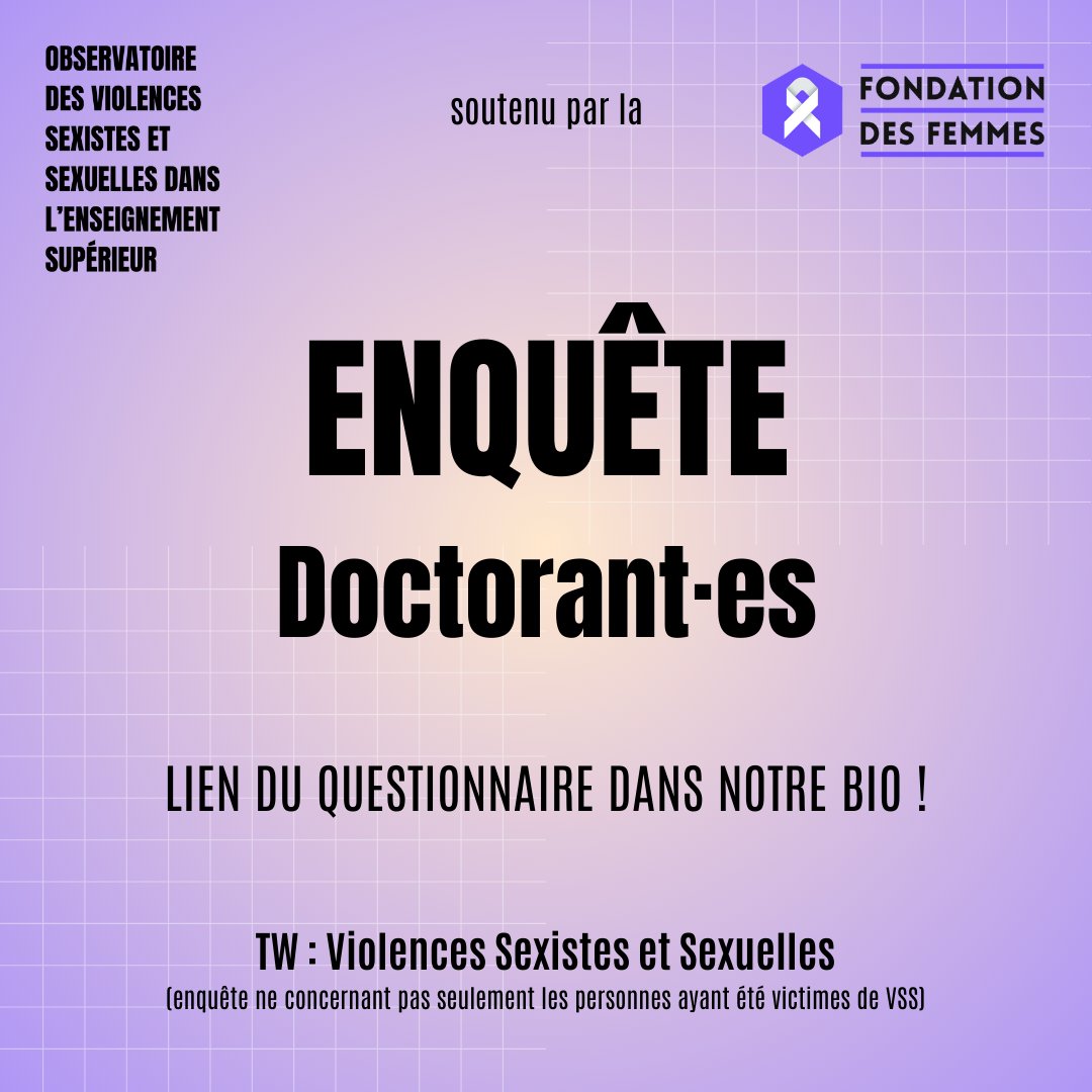 📊 Enquête #doctorat ouverte jusqu'au 30 juin !
 
➡️ Destinée à toutes les personnes actuellement en doctorat, ou ayant terminé en abandonné après janvier 2020

➡️ Dédiée aux #violencessexistes et sexuelles vécue pendant le doctorat

surveyhero.com/c/qgmr9i7s