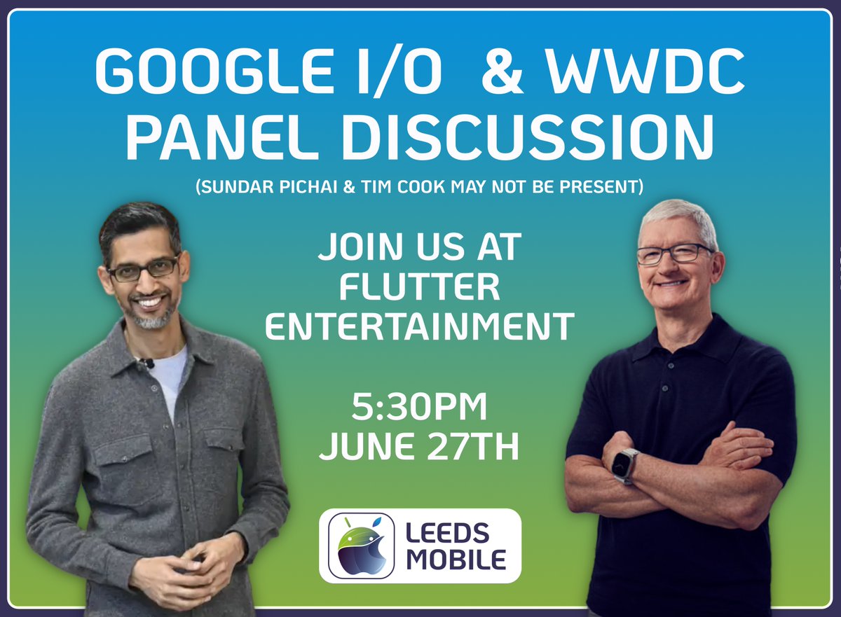 We are hosting a panel discussion, from 5:30pm June 27th, to look at the new announcements made at Google I/O and Apple's WWDC.

Come and join us to discuss mobile development, design, testing, security, artificial intelligence and much more.

meetup.com/leeds-mobile/e…
