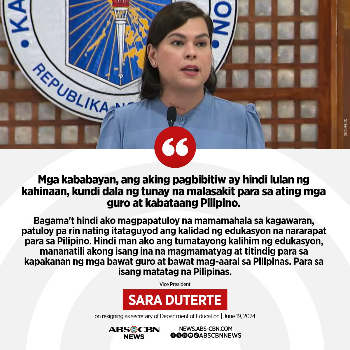 While the reason for her resignation as DepEd secretary remains unclear, Vice President Sara Duterte said she would continue advocating for the welfare of the teachers and students in the country.

READ: news.abs-cbn.com/news/2024/6/19…