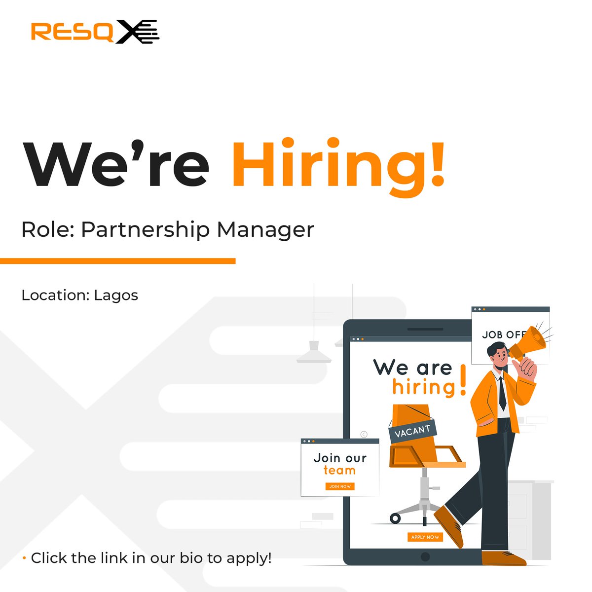 myresqx's tweet photo. We're hiring!
Join our team as a Partnership Manager.
Learn more and apply here: https://t.co/dP2RGe6gep
#hiring #jobvacancy #jobopportunity #resqx #lagos #lagosnigeria https://t.co/LkcTn71yh0