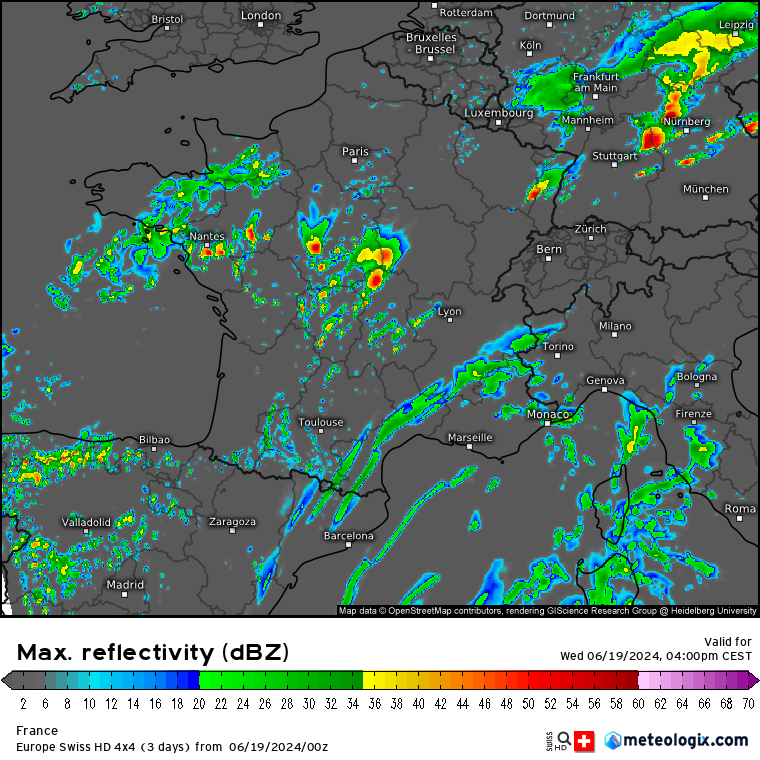 FloC36's tweet photo. Potentiel orageux virulent du SO au NE de la France ce mercredi apm/soir & nuit :
- risque d'#orages violents du Massif-Central au Jura (potentiel grosse grêle loc. & risque de #tornade(s))
- risque d'orages loc. forts & très pluvieux du SO au NE & régions centrales https://t.co/SK2l70sFdz