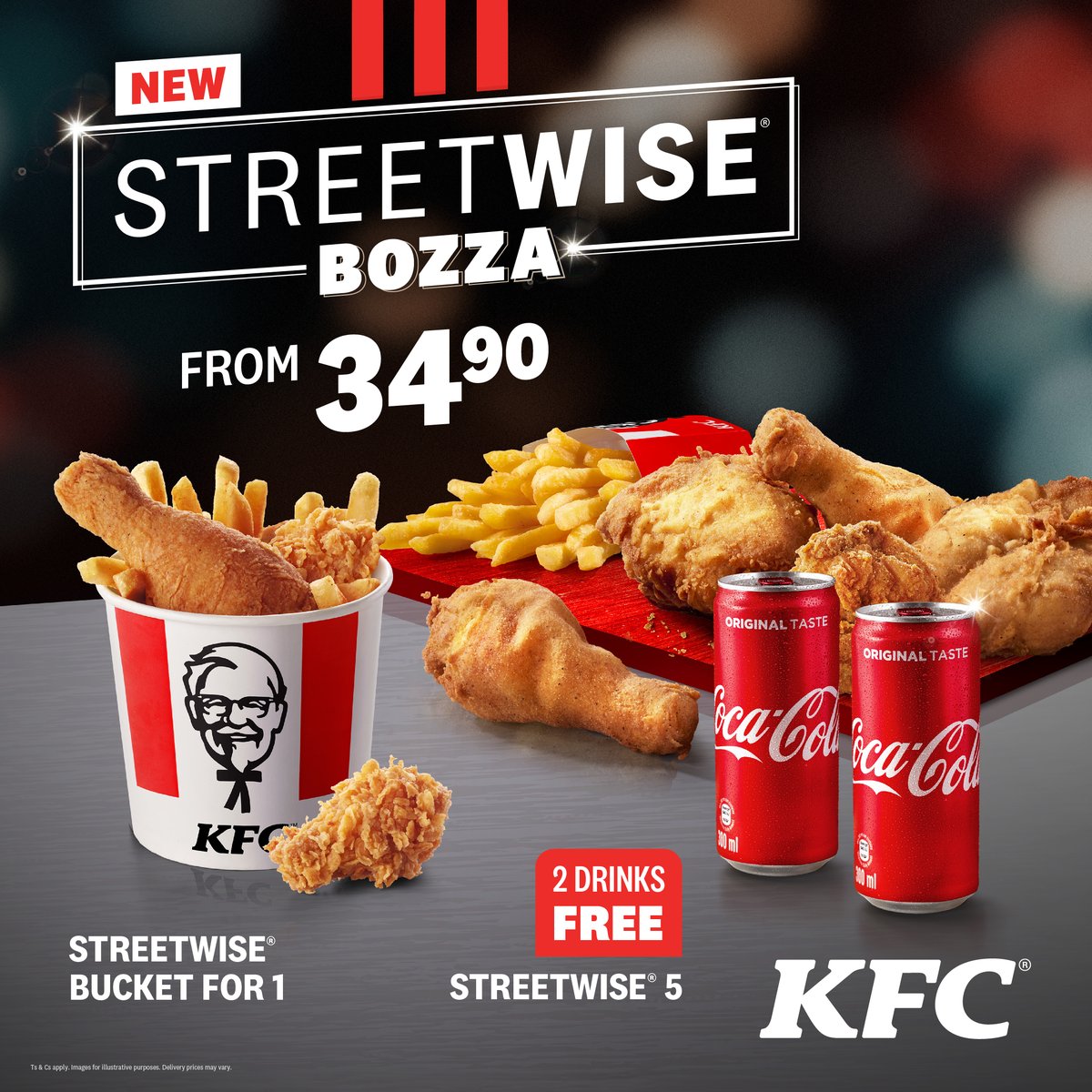 KFC_Botswana's tweet photo. We're within our Streetwise era and everybody gets to be a #Bozza!
Grab a Bucket For 1 for yourself or go together on a Streetwise 5 with 2 free drinks! Available at all KFCs! https://t.co/kn7JvvvgbV