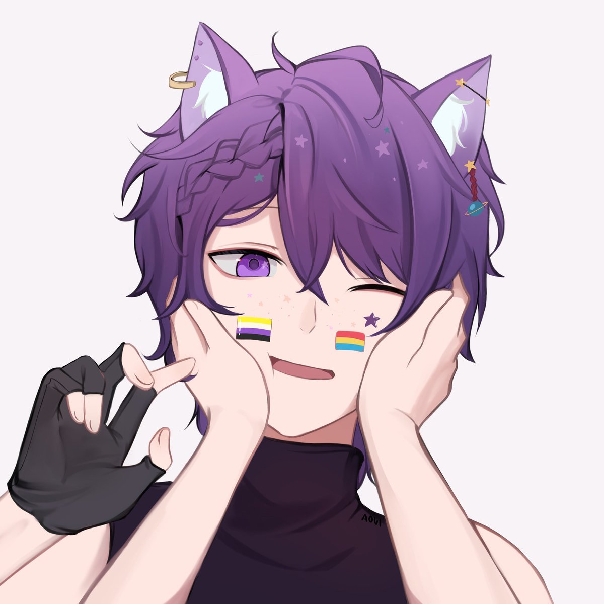 DipperDotsVT's tweet photo. It's pride month and I want to say I'm proud of all of you! Happy pride 💜💫

🎨- @/Kir3oui (Aoui)
#pridemonth #nonbinary #vtuber #envtuber https://t.co/K7xdHNXDfC