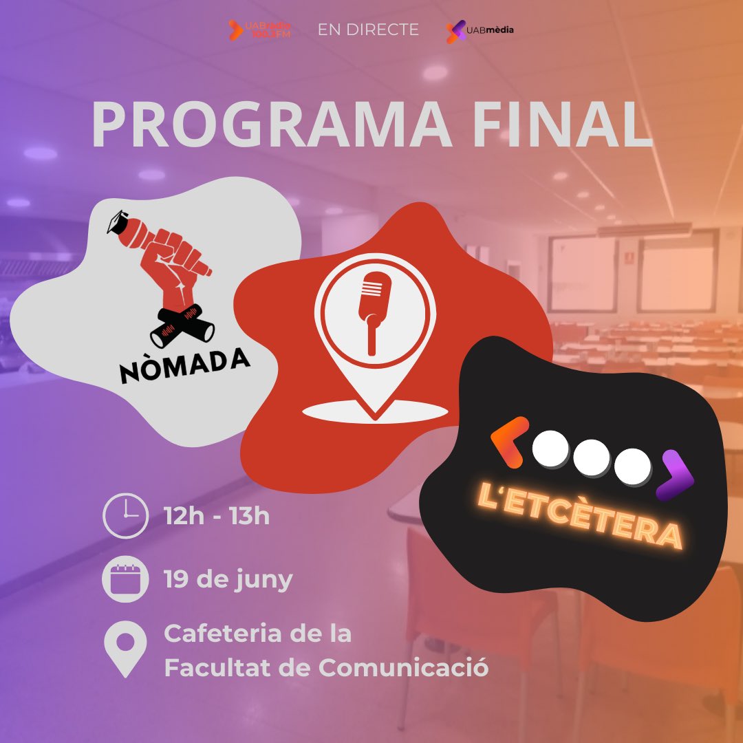 Ei! 💥

Avui ens veiem a les 12h a la Cafeteria de la <a href="/uabcomunicacio/">Facultat de Ciències de la Comunicació UAB</a> 🗣️

📻 Farem un programa en directe per acomiadar aquesta meravellosa temporada 

👀🫵🏼 T’ho perdràs? T’esperem!⚡️
