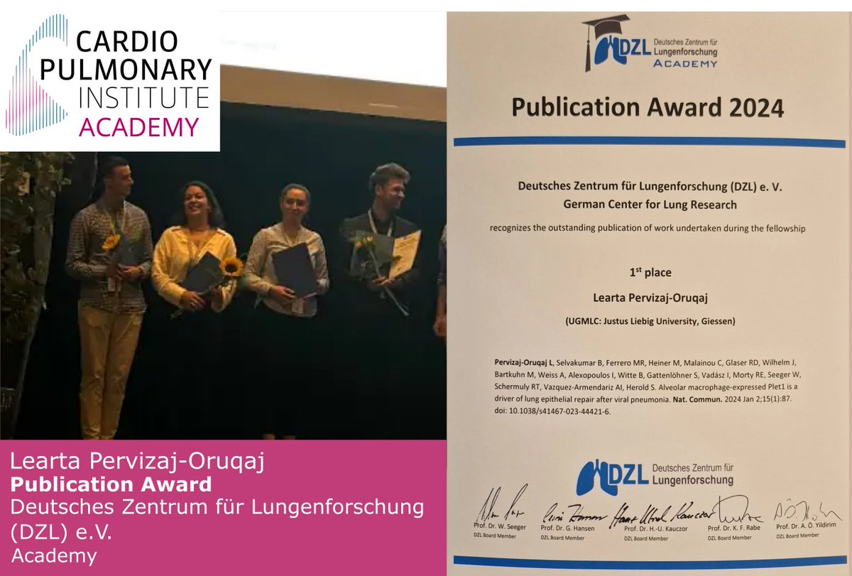 🥳Congratulations to Learta Pervizaj-Oruqaj for receiving the publication award 2024 of the <a href="/dzlacademy/">The DZL Academy</a> for her outstanding publication "Alveolar macrophage-expressed Plet1 is a driver of lung epithelial repair after viral pneumonia". 🏅✨

Find the full publication here: