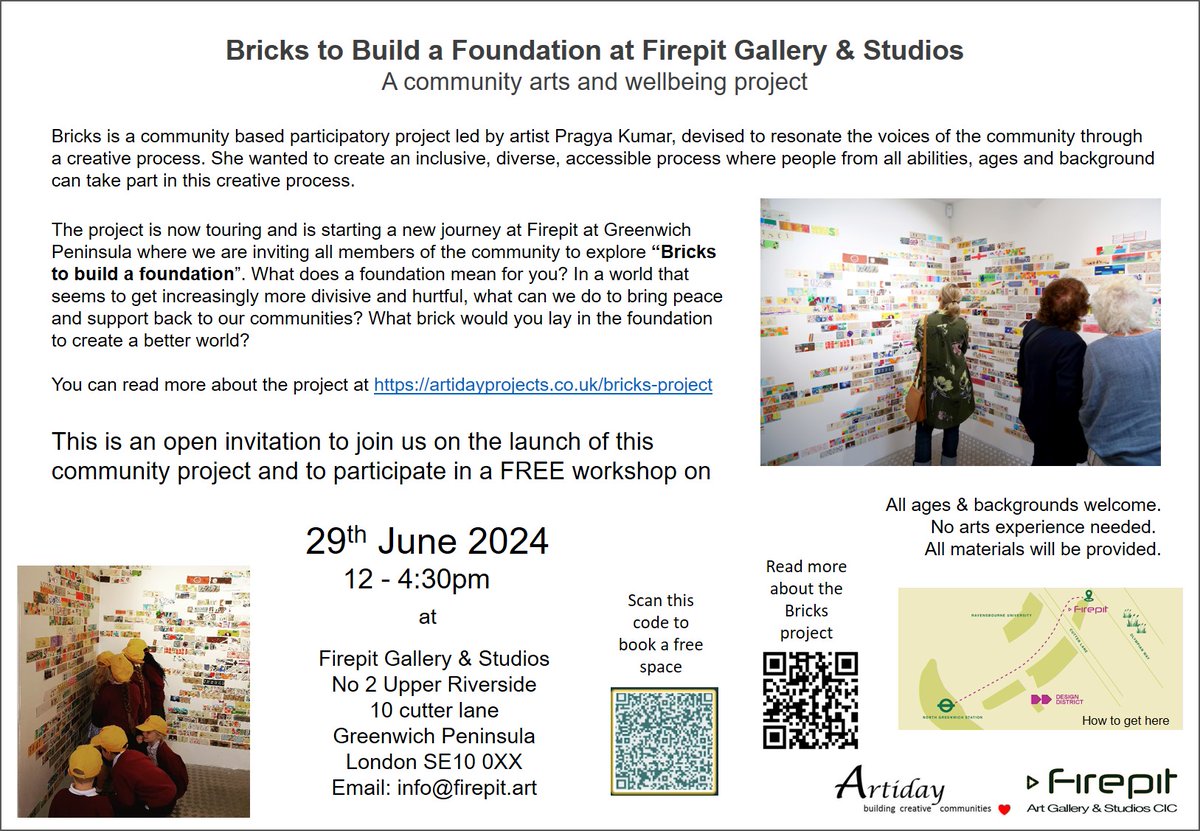Bricks project is now on a tour! It is starting a new journey with the <a href="/ThePeninsulist/">Greenwich Peninsula</a> community. Artist <a href="/prag_artiday/">Artiday</a> will hosting a free workshop on Sat 29th June at her studio. So if you're in the area, then don't forget to drop in to design your brick! #Greenwich #freearts