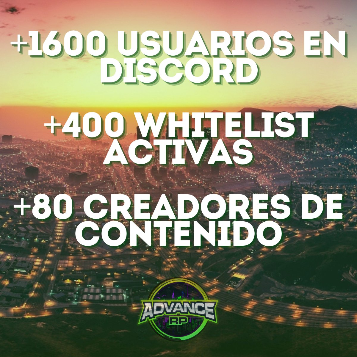 ¡Estamos muy agradecidos de todo el apoyo de la comunidad! 

Muy pronto abriremos el servidor y queremos compartir con vosotros algunos de los números que estamos teniendo antes de la apertura 🔥🎉

¡Entra en el Discord y convalida tu WL! discord.gg/advancerp