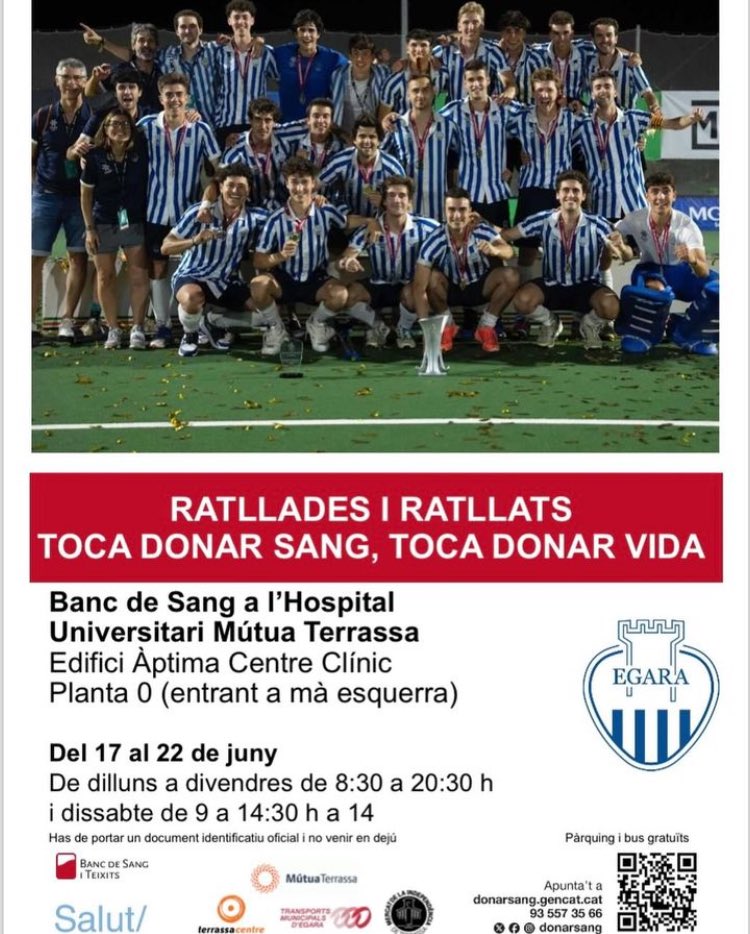 🏑+🩸| El <a href="/clubegara/">Club Egara</a> anima a donar sang en la nova campanya de donació del @donarsangterra 

Els jugadors de l’#Egara1935, campions de la Divisió d’Honor 'B', protagonitzen la imatge de la crida terrassadigital.cat/el-club-egara-… #Terrassa #donarsangterrassa