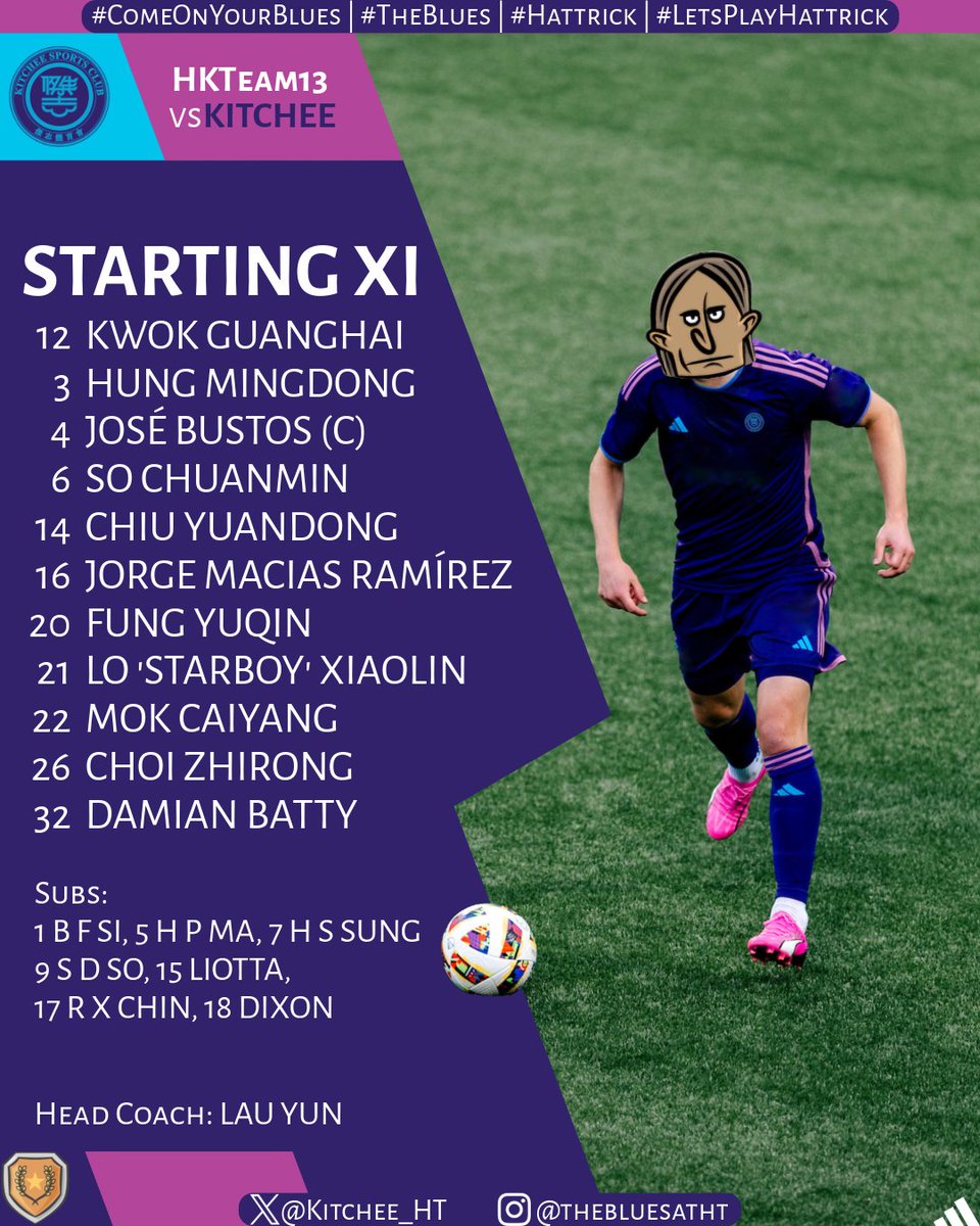 Kitchee_HT's tweet image. 🚍 | 𝐒𝐓𝐀𝐑𝐓𝐈𝐍𝐆 𝐗𝐈 | 𝐇𝐊𝐂𝐂𝐑𝟐 | 🟣

Here we go!

🆚 HKTeam13 (V.6)
🌐 hattrick.org/en/Club/Matche…

#ComeOnYourBlues | #TheBlues | #Hattrick | #LetsPlayHattrick