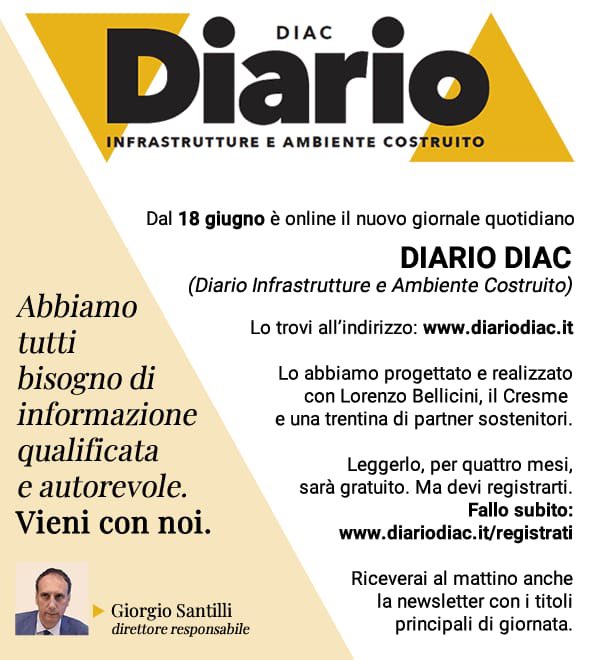 Diamo il benvenuto a #DIAC, Diario infrastrutture e ambiente costruito, il nuovo giornale diretto da <a href="/giorgiosantilli/">Giorgio Santilli</a>, progettato e realizzato con #CRESME, da ieri online 

👉 diariodiac.it