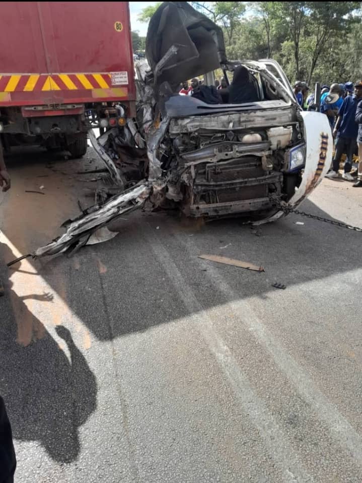 Transport Minister Felix Mhona and Home Affairs Minister Kazembe Kazembe at the Mazowe accident scene.

A kombi collided head-on collision with a truck near Mazowe dam, killing 5 and injuring 13 people yesterday afternoon.

With 25 people having perished on the roads in the last