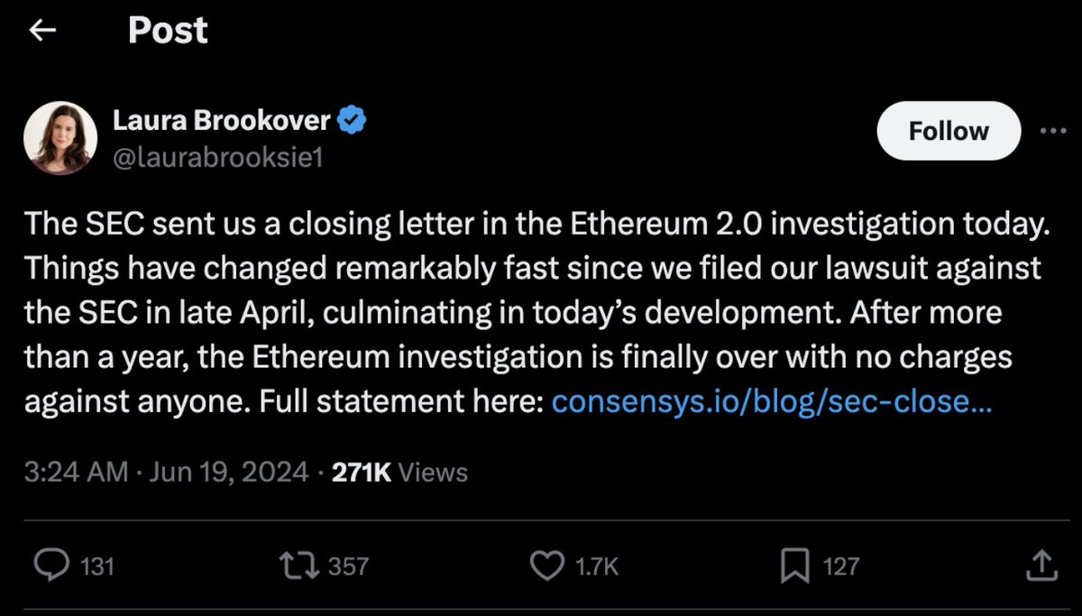 🚨🚨 #ETHEREUM officially not classified as a security. The #SEC has disclosed this. Very good to see, bullish!