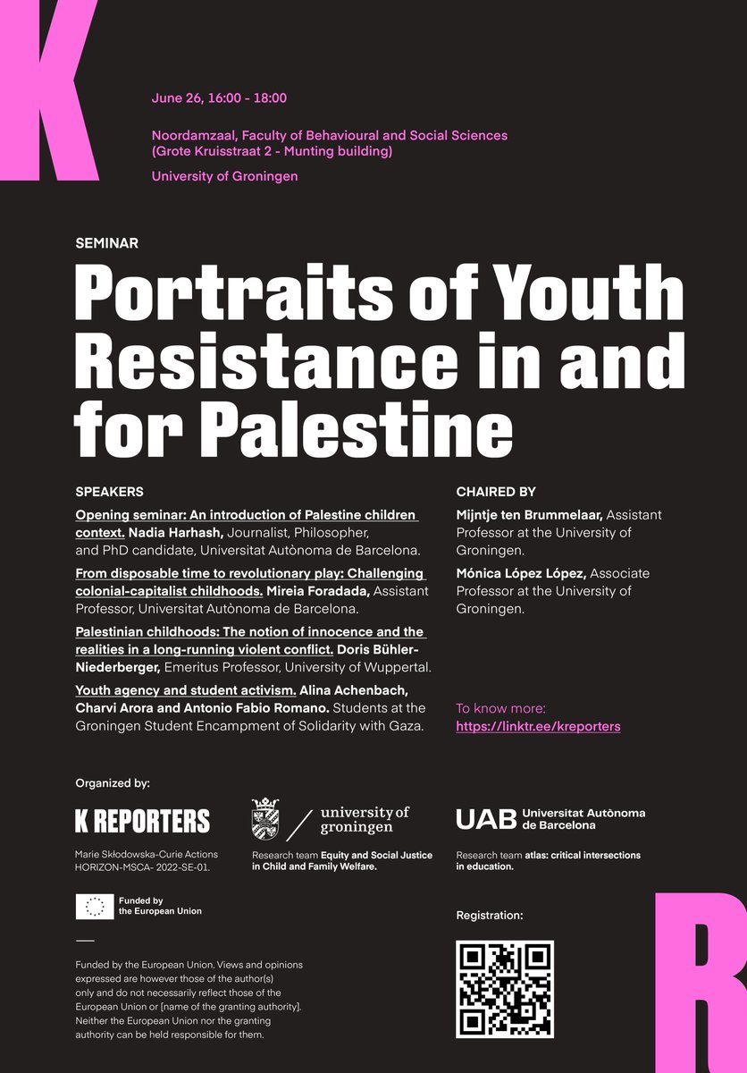 K Reporters (@kreportersmsca) on Twitter photo Join us at the seminar "Portraits of Youth Resistance in and for Palestine", June 26th, in <a href="/univgroningen/">University of Groningen</a>.
We will continue to discuss and reflect on children's experiences and challenges in conflict zones ✊🍉
Our speakers here 👇 Join us at the seminar "Portraits of Youth Resistance in and for Palestine", June 26th, in <a href="/univgroningen/">University of Groningen</a>.
We will continue to discuss and reflect on children's experiences and challenges in conflict zones ✊🍉
Our speakers here 👇