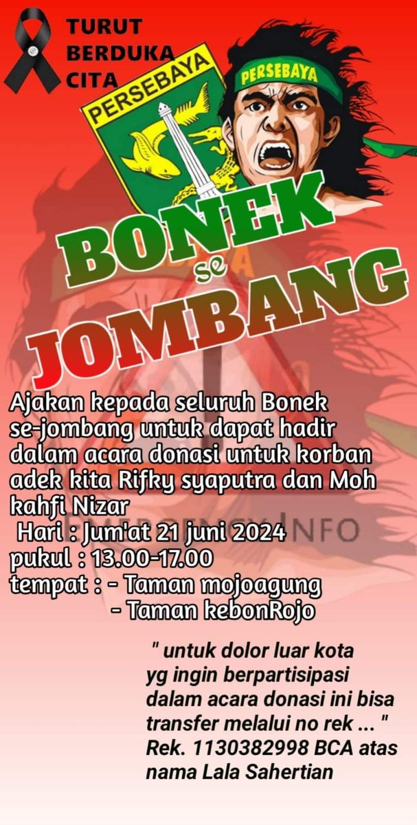 BNJ_1927's tweet photo. Info galang dana untuk korban kecelakaan yang dialami oleh saudara kita Bonek Jombang.
Yuk merapat bagi Bonek yang ada di Jombang dan sekitarnya!

Cc @Bonek_Jombang10 @emosijiwakucom https://t.co/LCIoLKT1vA