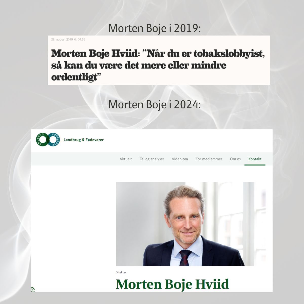What?!

Der sidder en tidligere tobakslobbyist med i Grøn Trepart fra <a href="/spisekammeret/">Landbrug & Fødevarer</a>. 

Han har arbejdet for en branche, der i årtier fik udskudt regulering på rygning på trods af forskernes tydelige anbefalinger. Er han hevet ind for at gøre det samme på landbruget nu? #dkpol