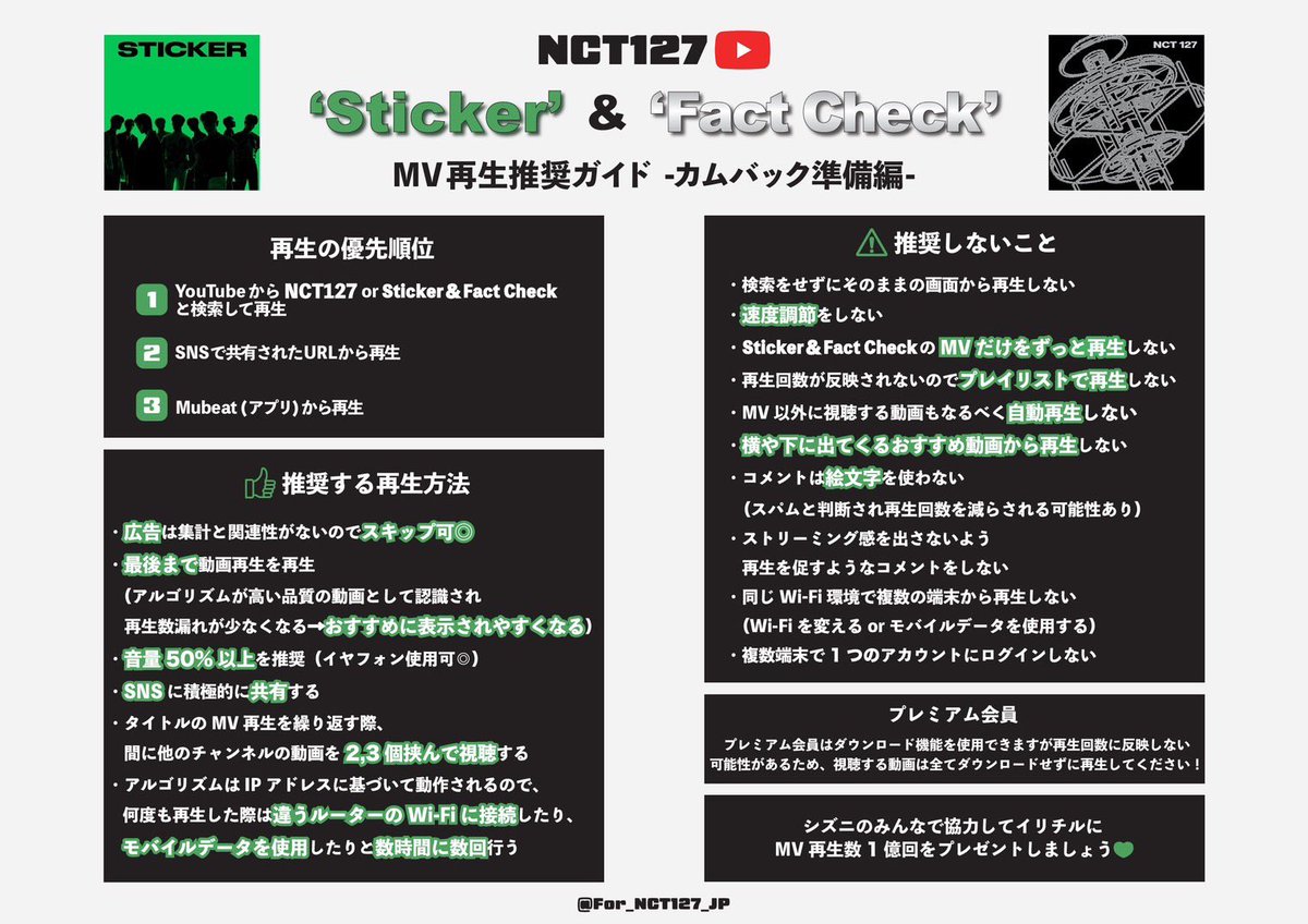 nct127housejp's tweet image. NCT127 comeback

やることリスト📝

────────────
💚💚MV再生ガイド 💚💚
　   -カムバック準備編-
────────────

StickerとFact CheckのMVを再生▶️して
カムバック🏖に備えましょう！

目指せ1億回再生✨

#ミュス127
#NCT127 #イリチル