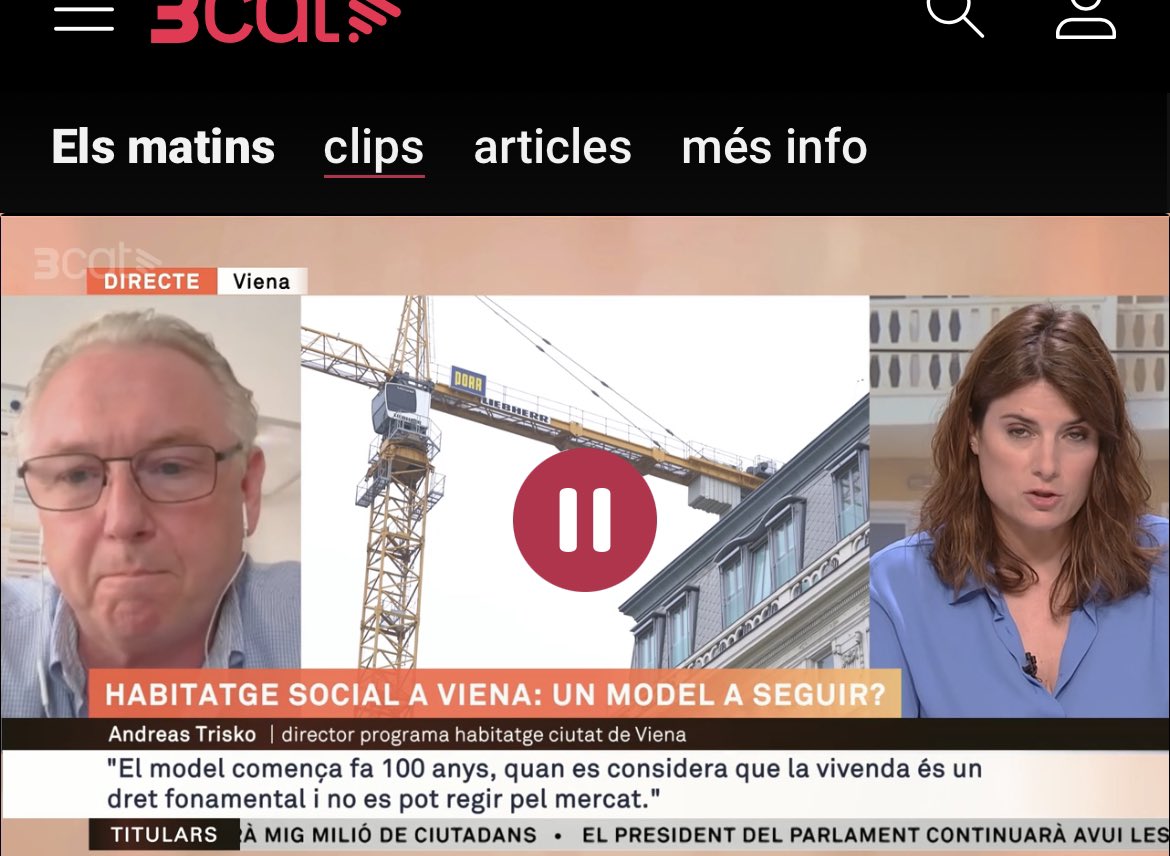 Heute hat Andreas Trisko <a href="/Stadt_Wien/">Stadt Wien</a> im katalanischen Morgenmagazin Einblicke in die soziale Wohnungsbaupolitik der Referenzstadt vermittelt. In #Barcelona ist besonders für junge Menschen der Zugang zu Mietwohnungen kaum noch finanzierbar. #bestpractice ccma.cat/3cat/tres-meso…