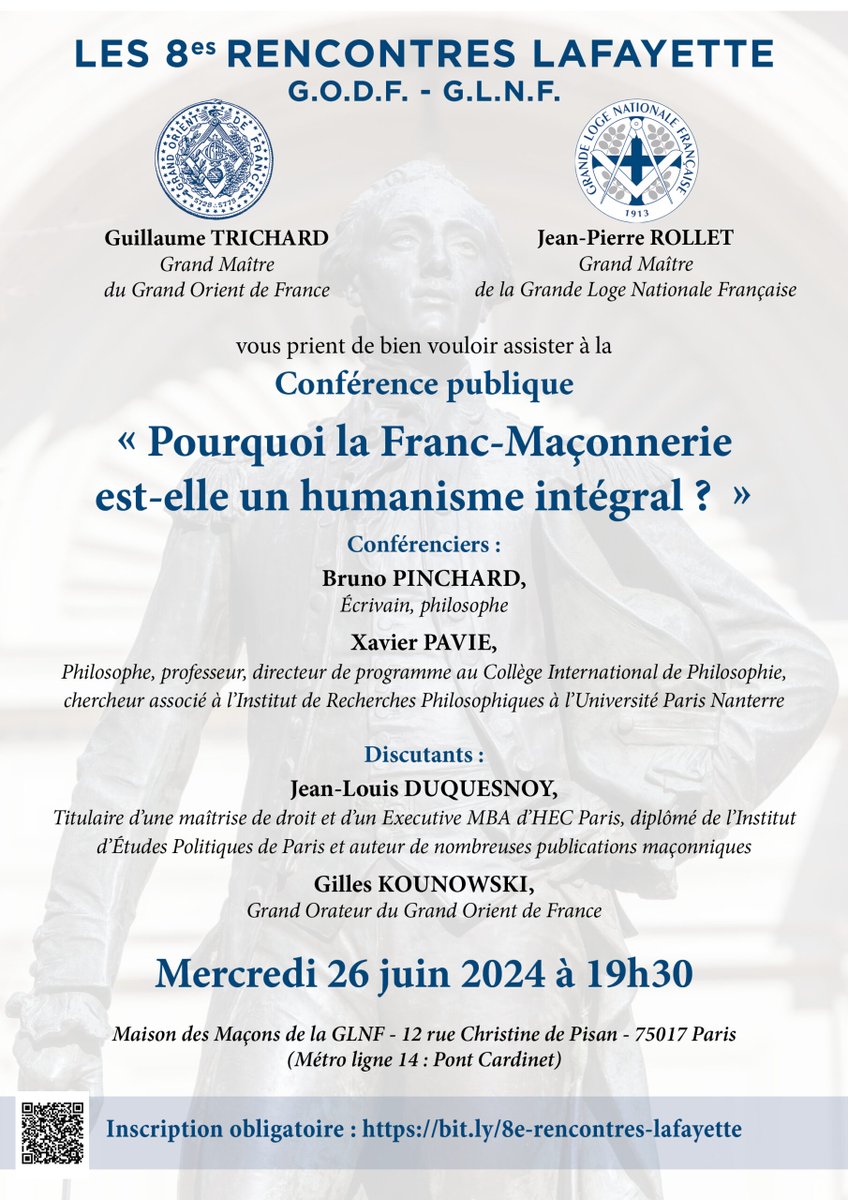 Les 8es Rencontres Lafayette GODF - GLNF : Pourquoi la Franc-Maçonnerie est-elle un humanisme intégral ?
Conférence le 26 juin 2024 à Paris, en présence de Guillaume <a href="/Trichard/">Guillaume Trichard</a>, Grand Maître du <a href="/GODFOfficiel/">GODF (Officiel)</a> et d’une délégation du Conseil de l’Ordre.
➡️ bit.ly/3VcOFOL