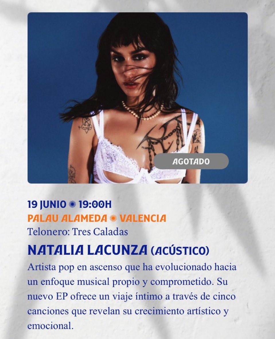 NLacunzaCFO's tweet photo. 🎤 ¡Buenos días! Hoy es día de concierto en Valencia 🫶🏻

Las privilegiadas que vayan al acústico de esta tarde, que lo disfruten muchísimo.

Os recordamos que la apertura de puertas es a las 19:00 y Natalia comenzará a las 20:30. https://t.co/ljk8CeOrrr