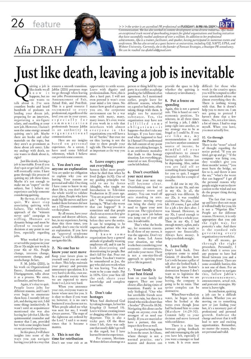 Leaving a job is as inevitable as death, yet we rarely talk about it. In my latest article, I share personal insights on how to navigate this transition smoothly. Remember, it's okay to quit. thebftonline.com/2024/06/18/jus…