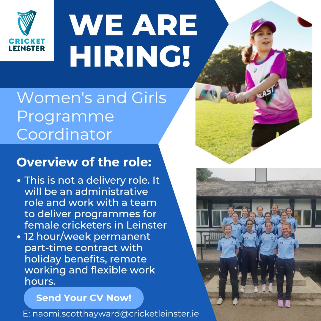WOMEN’S &amp; GIRLS ACTIVATOR🏏

✅ Permanent, part-time role
▶️ Apply before 10th July!

cricketleinster.ie/about/document…