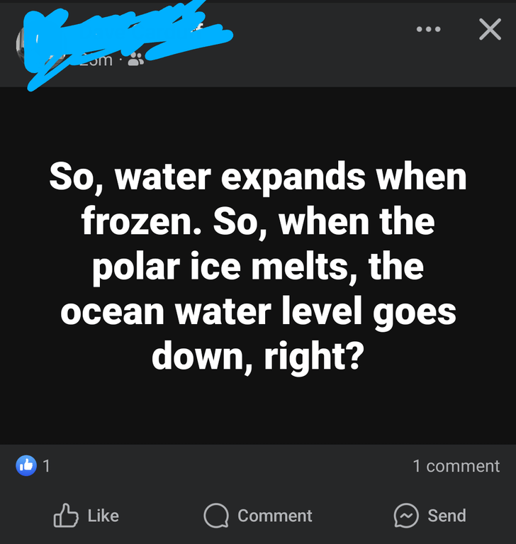 FBScienceSub's tweet photo. And what about the ice that isn't floating on water. Glaciers, snow capped mountains, ice fields and the ONE KILOMETRE THICK SHEETS OF ICE COVERING MOST OF THE ANTARCTIC CONTINENT.
#ClimateFails #ClimateChange #SeaLevelRise #PhysicsFails #Glaciers #Archimedes https://t.co/L31TJDPU7h