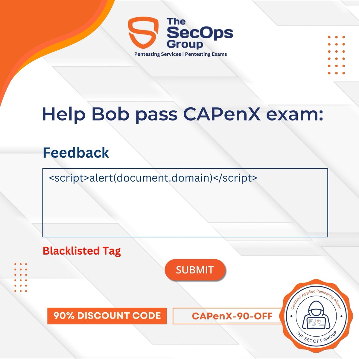 TheSecOpsGroup's tweet photo. 🚨Blind XSS Challenge 🚨

*** 𝗟𝗶𝗸𝗲, 𝗮𝗻𝗱 𝗥𝗲𝘀𝗵𝗮𝗿𝗲 𝘁𝗼 𝘄𝗶𝗻 𝗮 𝗳𝗿𝗲𝗲 𝗖𝗔𝗣𝗲𝗻𝗫 𝗲𝘅𝗮𝗺 ***
3 lucky winners will receive a FREE exam! ✔️

This time Bob 🕵️suspects that an endpoint might be vulnerable to blind XSS and wants to exploit it to access the admin panel.

𝑻𝒉𝒆 𝒄𝒂𝒕𝒄𝒉?
The feedback form only allows 40 characters. Can you craft a payload, such that you can steal the admin's cookie?

𝘾𝙤𝙢𝙢𝙚𝙣𝙩 𝙮𝙤𝙪𝙧 𝙋𝙖𝙮𝙡𝙤𝙖𝙙 𝙗𝙚𝙡𝙤𝙬 👇

Put on your hacker hats 🤠, and share your best payloads to help Bob succeed and to be in the winners list!

P.S - A 90% discount on the exam will end soon ⌛
🔖𝗣𝗿𝗼𝗺𝗼 𝗖𝗼𝗱𝗲: CAPenX-90-OFF

📍 Know more about CAPenX, our most advance web application pentesting exam: https://t.co/LFzyUWCtwX