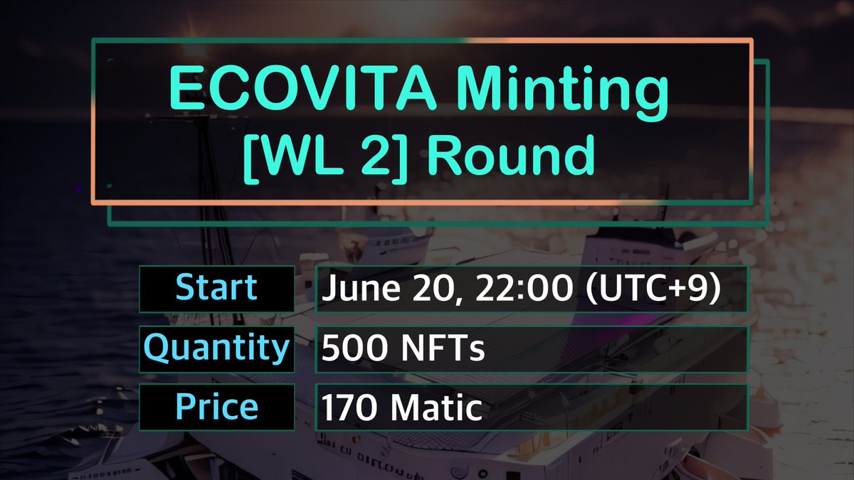 EcovitaRec's tweet photo. Here are the details for the 2nd WL minting!

✅Minting Start: 2024-06-20 13:00 (UTC)

✅Competitive Minting 
    (up to 5 per transaction, no wallet limit)

✅Mint Quantity: 500 NFTs

✅Mint Price: 170 MATIC

#ECOVITA #NFT #REC #minting #whitelist #matic #PolygonNFT #ecofriendly https://t.co/jOwpINpqsw