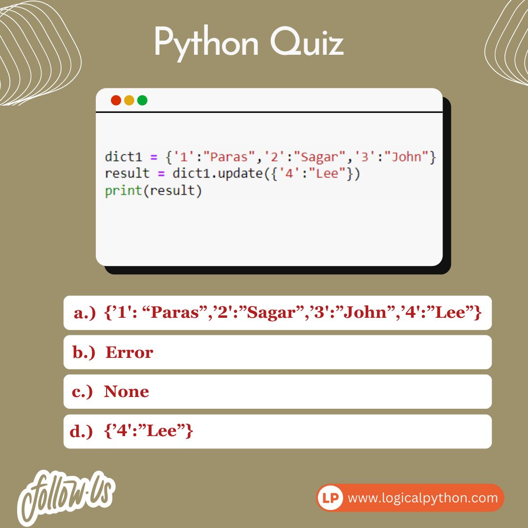 kodegurukul's tweet image. Think you know Python? Take our quiz and find out! 🐍💡
#PythonQuiz #codingmasters #Python #Programming #Coding #pythonprogramming #100DaysofCode #pythondevelopers