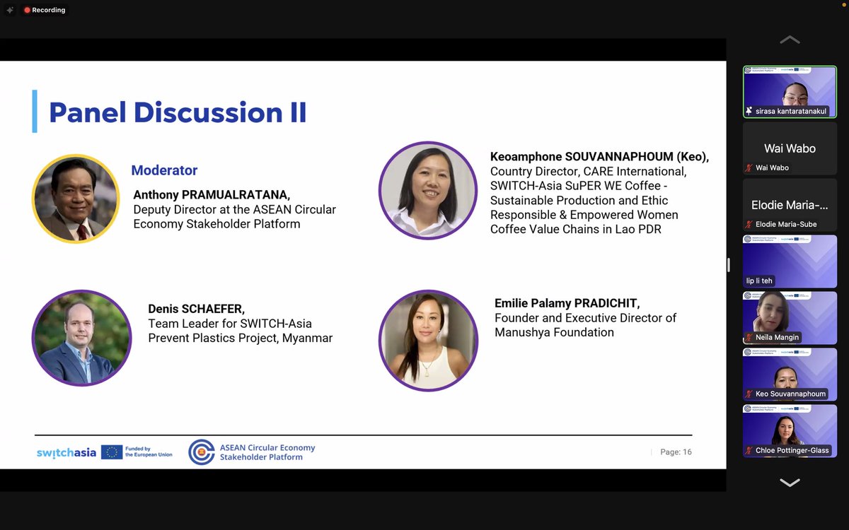 CircularMyanmar's tweet photo. Happening Now: panel discussion on Just Transition to an Inclusive Circular Economy in ASEAN. @Myanmar_PP highlights grassroots initiatives under the @EUMyanmar @switchasia project to empower the capacity development of waste workers in Myanmar.
#WeSwitch #EUGreenDeal https://t.co/Ino7r8dJIi