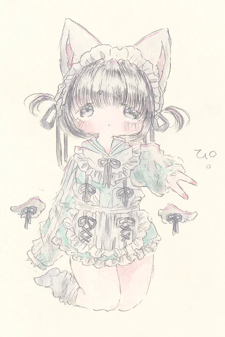 ぴ。#イラスト #女の子 #ケモミミ #猫 #天使 #アナログ画 