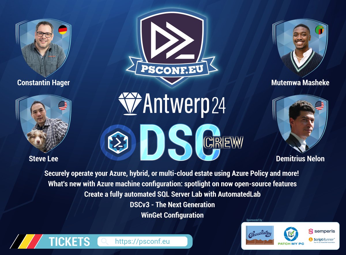 PSConfEU (@psconfeu) on Twitter photo Join us at #PSConfEU 2024 in #Antwerp for comprehensive insights into Desired State Configuration (#DSC) with <a href="/chagerCOC/">Constantin Hager</a> <a href="/Steve_MSFT/">Steve Lee</a> <a href="/AzureGovernance/">Azure Governance</a> <a href="/DenelonMs/">Demitrius Nelon</a>. Learn from leading speakers as they discuss real-world applications and best practices
🎟️ psconf.eu 🚀 Join us at #PSConfEU 2024 in #Antwerp for comprehensive insights into Desired State Configuration (#DSC) with <a href="/chagerCOC/">Constantin Hager</a> <a href="/Steve_MSFT/">Steve Lee</a> <a href="/AzureGovernance/">Azure Governance</a> <a href="/DenelonMs/">Demitrius Nelon</a>. Learn from leading speakers as they discuss real-world applications and best practices
🎟️ psconf.eu 🚀