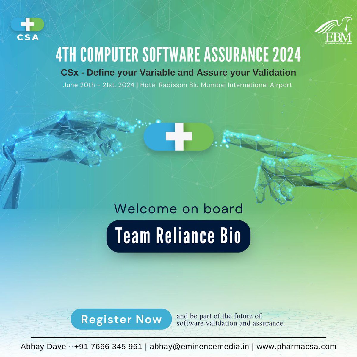eminence_group9's tweet image. Welcome on board team Alkem for the 4th Computer Software Assurance 2024 CSx-Define your Variable and Assure your Validation scheduled for June 20th-21st, 2024. 
Register today - lnkd.in/dx8FktNu
#ebmcsa2024 #computersoftwareassurance 
#eminencebusinessmedia