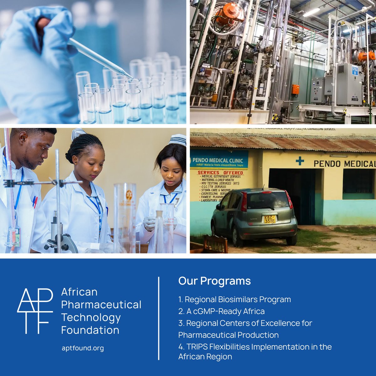 Take a look at the Foundation's new programs to build a stronger #pharmaceutical sector in #Africa. We're supporting the production of #biosimilars, ensuring compliance with regulatory standards and encouraging innovation thru a range of initiatives.  
👉aptfound.org/our-programs