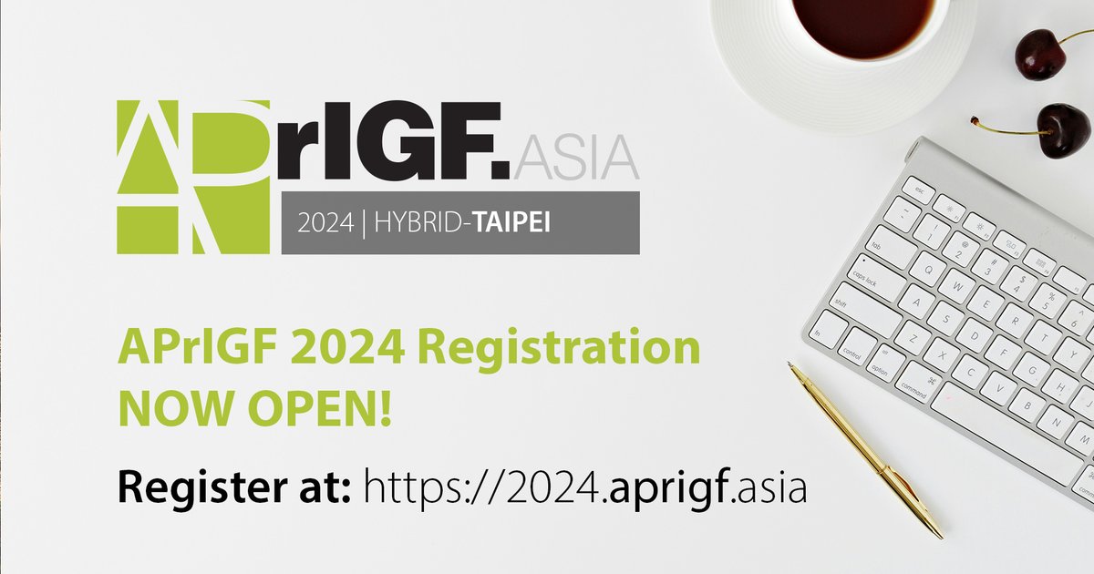 📢 APrIGF 2024 Registration is Now Open! 
🗓️ Date: August 21-23, 2024
📍 Location: NTUH International Convention Center, Taipei (Hybrid Event)
Join us at the Asia Pacific Regional Internet Governance Forum (APrIGF) 2024!

#InternetGovernance #aprigf2024 #AsiaPacificRegion