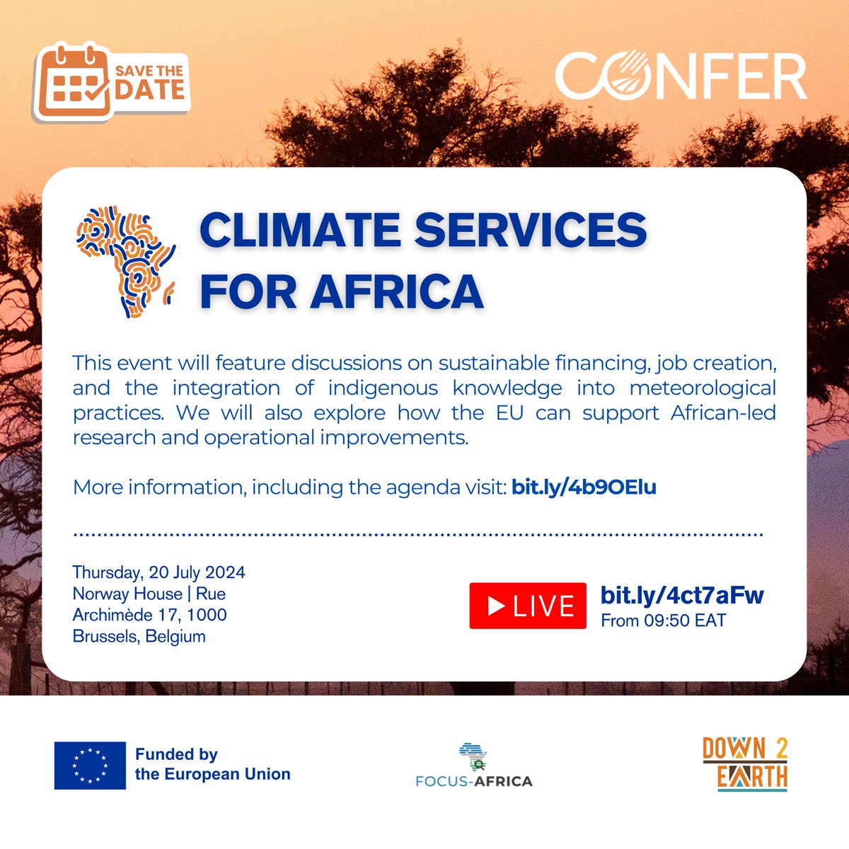ICPAC (@igad_cpac) on Twitter photo 🗓️ Save the date! ⏰
Tomorrow, our projects <a href="/ConferEU/">CONFER EU H2020</a> and <a href="/D2E_Project/">DOWN2EARTH</a> will present on advancing #climate services through co-production and Impact-Based Forecasting (IBF) at the Climate Services for Africa workshop in #Brussels, #Belgium.
Tune in live from 9:30 EAT.
📺 🗓️ Save the date! ⏰
Tomorrow, our projects <a href="/ConferEU/">CONFER EU H2020</a> and <a href="/D2E_Project/">DOWN2EARTH</a> will present on advancing #climate services through co-production and Impact-Based Forecasting (IBF) at the Climate Services for Africa workshop in #Brussels, #Belgium.
Tune in live from 9:30 EAT.
📺
