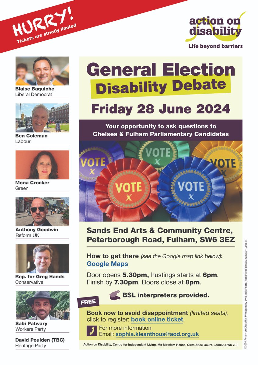 Action On Disability (@aodisability) on Twitter photo Join our General Election Disability Debate! Friday 28th June, doors open at 5.30pm, event starts at 6pm. Event @ Sands End.
Book here: eventbrite.co.uk/e/chelsea-and-…
Or Email: sophia.kleanthous@aod.org.uk for a place!
#ChelseaandFulham #DisabilityDebate #Disability #Disabled #GE2024 Join our General Election Disability Debate! Friday 28th June, doors open at 5.30pm, event starts at 6pm. Event @ Sands End.
Book here: eventbrite.co.uk/e/chelsea-and-…
Or Email: sophia.kleanthous@aod.org.uk for a place!
#ChelseaandFulham #DisabilityDebate #Disability #Disabled #GE2024