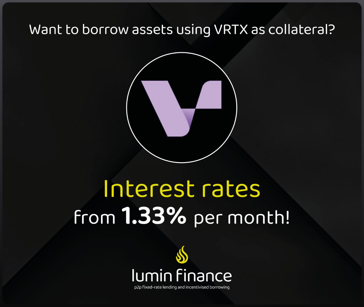 LuminProtocol's tweet image. 🚀 @LuminProtocol 🤝 @vertex_protocol
Want to leverage the $VRTX you hold?
With Lumin Finance, you can borrow assets using VRTX as collateral with interest rates starting from just 1.33% per month!
Here’s how you can benefit from this opportunity. 👇