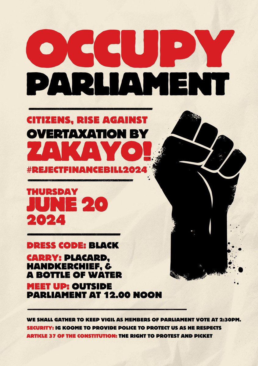 Rise up, Generation Z! Stand against privatization &amp; make your voices heard  #OccupyParliament. Reject the finance bill &amp; fight for your future! 📢✊ Join us on Thursday, June 20, at noon outside Parliament. Let’s protect our rights! 💪 #GenZPower #RejectFinancebill